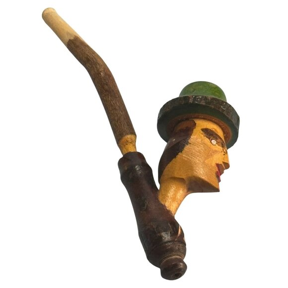 Hand-Carved Italian Character Pipe Wood Green Yellow Mid Century Decorative - Picture 2 of 5